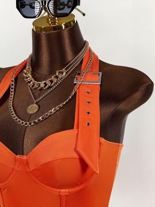 Amplova Women Sleeveless Crop Top With PU Metal Buckle Chest Details & Open Back