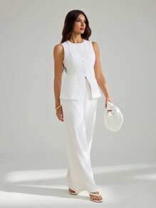 SHEIN Tall Bộ 2 áo không tay và quần vải lanh pha trộn dành cho nữ, màu trơn cho mùa thu/đông - trắng - Xem 4