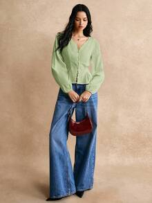 Poéselle Áo sơ mi ren thanh lịch bằng cotton có nút thắt eo, áo sơ mi dài tay, áo sơ mi eo, áo ren, áo sơ mi ren, áo sơ mi cotton, chi tiết eo thanh lịch, cho buổi đi làm hàng ngày, thiết yếu, FW24, trang phục nữ mùa thu - Màu xanh Bạc hà - Xem 4