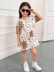 SHEIN Vestido casual de manga corta con cuello redondo, estampado de capibara, cómodo y suelto para niña joven - Caqui - Ver 4