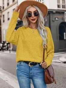 Calvaya Casual Loose Fit Solid Color Pullover Sweater, Versatile Daily Wear Knit Pullover Fall Winter - Yellow - View 6