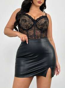 Firerie 加大码优雅舒适性感蕾丝撞色网眼弹力连体衣，适合女士，适合情人节、音乐会、表演、约会、正式派对、庆典、性感、优雅、通勤、海滩、办公室女神、美人鱼风格、生日派对 - 黑色 - 查看 2