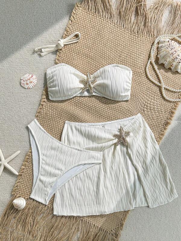 Soleia Conjunto de bikini con parte superior bandeau, decoración de estrella de mar y falda pareo para mujer, ideal para el verano y la playa