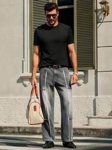 Manfinity VCAY Men's Casual Grey Denim Jeans With Frayed Seam Details Long Straight Leg Fit - Grey - View 3