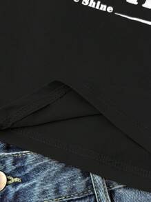 少女红色修身圆领撞色边 T 恤、街舞、赛车标志字母图案 T 恤、黑色运动服图案 T 恤 - 黑色 - 查看 6