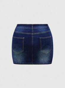 ROMWE Grunge Punk Back To School  Vintage Carp & Wave Pattern Embroidered Rhinestone Decor Plus Size Women Mini Denim Skirt With Shorts - Blue - View 3