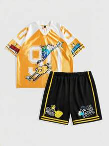 ROMWE MEN Adventure Time X ROMWE 男士休闲撞色字母卡通图案圆领短袖T恤短裤套装，夏季 - 彩色 - 查看 1