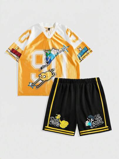 Adventure Time X ROMWE Men's Casual Contrast Color Letter & Cartoon Pattern Round Neck Short Sleeves Set