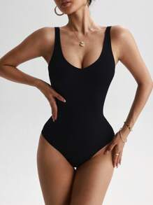 SHEIN Sports Solid Color Backless Scoop Neck Sleeveless Tight-Fitting Bodysuit Workout Bodysuit One Piece Bodysuit - Black - View 4