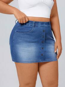 SHEIN Essnce Plus Size Summer Casual Button-Front Denim Mini Skirt