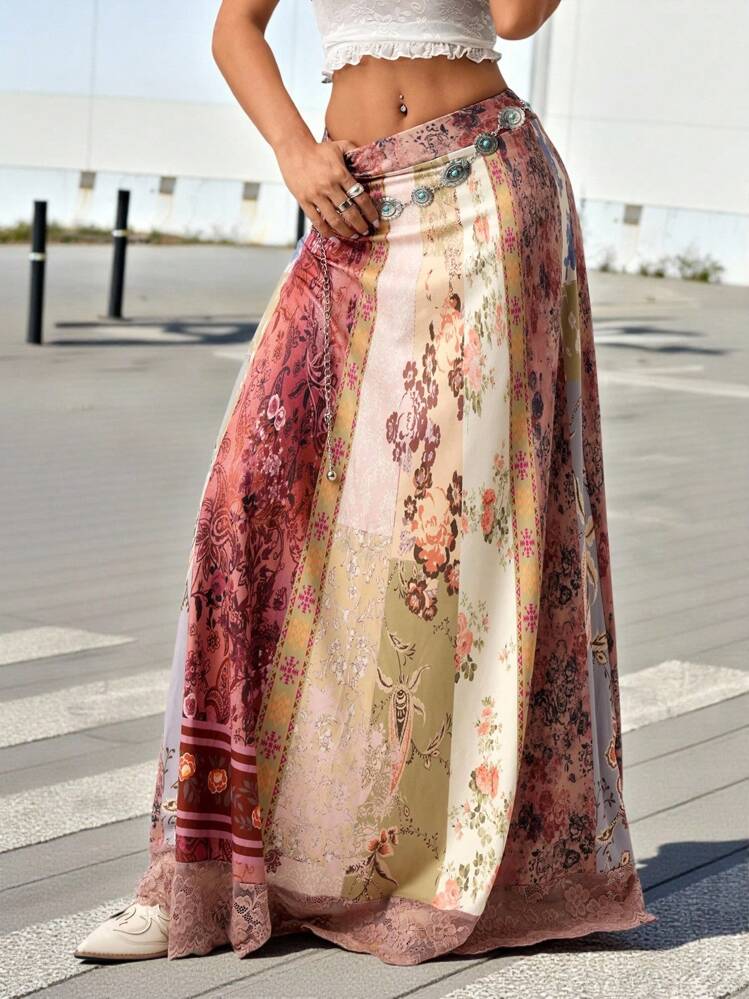 SHEIN ICON Women's Vintage Patchwork Print A-Line Hem Casual Lace