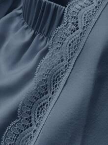 DAZY Women's Romantic Lace Patchwork Satin Tie-Front Top And Super Shorts Pajama Set, Fall Winter Clothes - Royal Blue - View 7