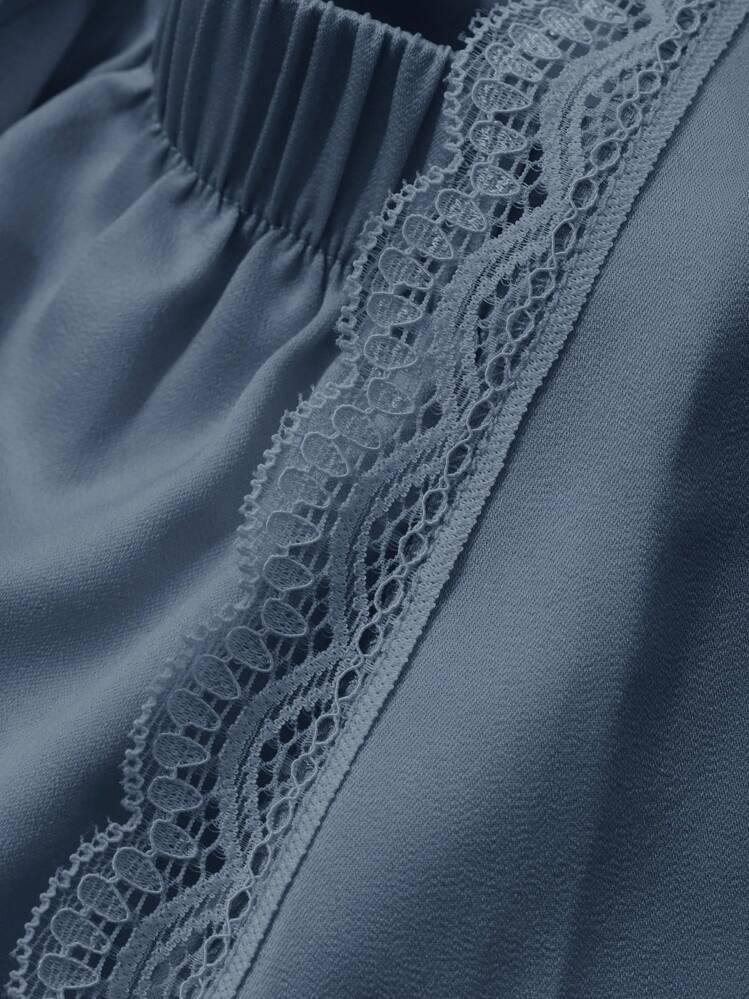 DAZY Conjunto de Pijama com Top de Cetim com Recortes de Renda Romântica e Shorts Superconfortáveis para Mulheres, Roupas de Outono e Inverno - Azul Royal - Visão 7