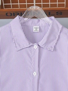 Teen Girls' Casual Striped Long Sleeve Long Shirt Purple Striped Shirt Girls Lilac Striped Shirt Girls Girls Striped Button Down Shirt Purple Shirts For Girls Girls Lilac Shirt - Purple - View 7