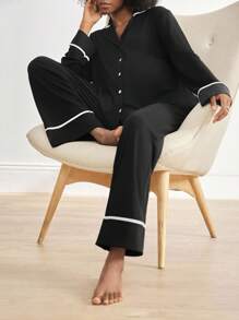 Moonlight&Mama Bộ đồ ngủ màu sắc dành cho bà bầu có cổ áo dài tay Quần dài Bộ đồ ngủ có đóng cửa một bên ngực - màu đen - Xem 5