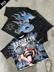 Manfinity EMRG Camiseta de manga corta con estampado gráfico de estilo callejero para hombres. Camiseta casual de cuello redondo y manga raglán de estilo callejero para hombres jóvenes. Camiseta gráfica de verano con estampado creativo, estilo callejero de moda, regalo perfecto para el novio, estilo Y2K, temporada de vuelta al colegio, estilo rock, rap - Multicolor - Ver 1