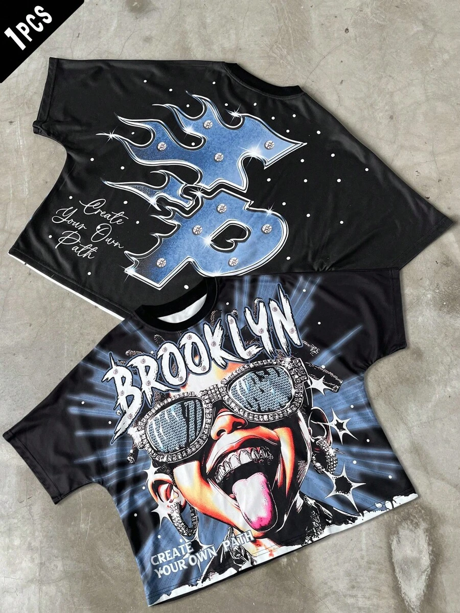 Manfinity EMRG Camiseta de manga corta con estampado gráfico de estilo callejero para hombres. Camiseta casual de cuello redondo y manga raglán de estilo callejero para hombres jóvenes. Camiseta gráfica de verano con estampado creativo, estilo callejero de moda, regalo perfecto para el novio, estilo Y2K, temporada de vuelta al colegio, estilo rock, rap - Multicolor - Ver 1