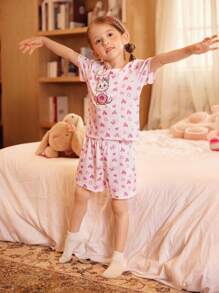 SHEIN Conjunto de 2 piezas de pijama para niñas (talla pequeña) con estampado de gatito y dona en forma de corazón