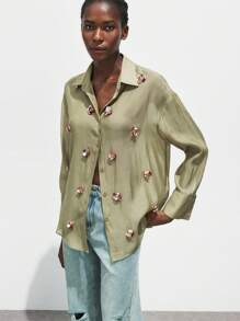 Maija Women's Textured Long Sleeve Shirt With 3D Beaded Floral Decor, Vacation Style Business Casual Blouse, Office Wear Button Down Shirt - Army Green - View 5