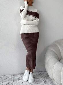 EURMUSE Women Casual Loose Long Sleeve Top And A-Line Skirt 2pcs Sweater Set,Petite Co Ord,Co Ord,Petite,Winter Clothes - Chocolate Brown - View 4