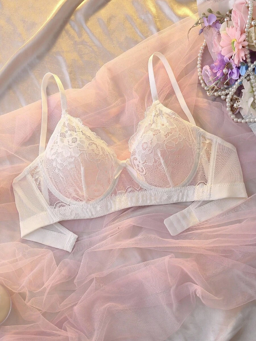 DelicateAllure حمالة صدر بحافة سلكية مطرزة بالزهور ملابس داخلية مثيرة - أبيض - مشاهدة 1