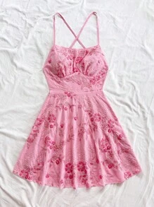 Soleia 女士节日浪漫粉色刺绣竹纹面料细肩带露背 A 字迷你连衣裙，时尚性感连衣裙，适合海滩、邮轮、浪漫约会、狂欢节 - 粉色 - 查看 6