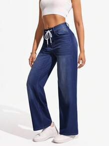 SHEIN Essnce Jeans rectos de talle elástico con cordón a la cintura, lavado, de uso casual diario para mujeres