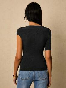 Poéselle Women's Solid Color Asymmetric Neckline Metal Decor Short Sleeve T-Shirt - Grey - View 4