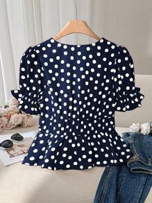 CosyJoli Plus Size Polka Dot Short Sleeve Shirt, Fashionable For Summer - Navy Blue - View 3
