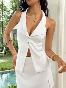 Ria Solene Women's Fashionable Keyhole Collar Metal Button Sleeveless Vest Waistcoat - White - View 4