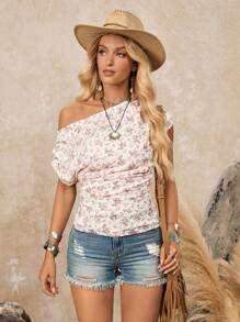 LanaWest Blouse asymétrique à épaules dénudées avec volants en dentelle florale pour femmes, d'été - Multicolore - Voir 5