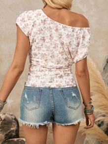 LanaWest Blouse asymétrique à épaules dénudées avec volants en dentelle florale pour femmes, d'été - Multicolore - Voir 7