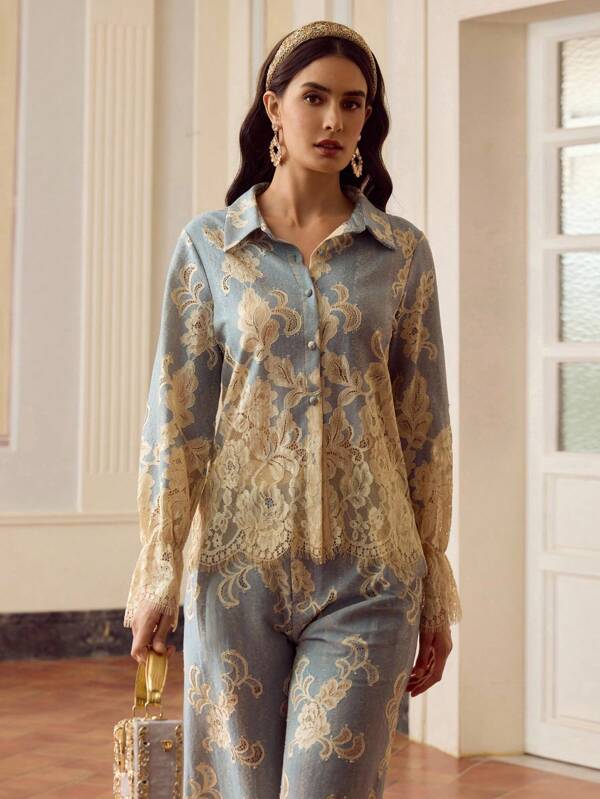 MOTF PREMIUM Chemise décontractée ample et rétro pour femmes avec patchwork en dentelle et manches longues