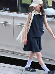 Completo casual e sportivo da ragazza preadolescente, composto da polo smanicata con contrasto di colori e gonna con stampa a ombrello, set di t-shirt versatile per uso quotidiano - Blu Navy - Visualizzare 7