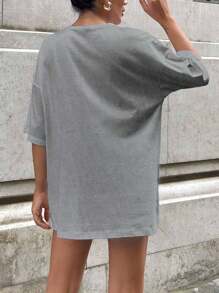 EURMUSE 100%Cotton WHITE OVERSIZE T-SHIRT WITH EMBROIDERY HEART DETAİL - Grey - View 3