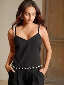 Anewsta Beach Holiday Style Pearl Decor Women Tank Top - Black - View 3
