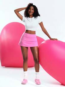 SHEIN Cheerettes 折叠设计运动短裙，带后袋运动裙 - 粉色 - 查看 7
