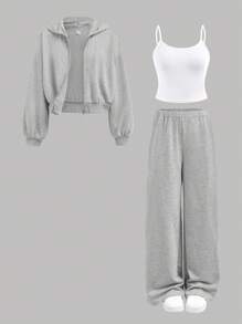 SHEIN Girlism 青少年女孩 3 件套：针织连帽衫、背心和紧身裤，休闲日常时尚服装 - 灰色 - 查看 8