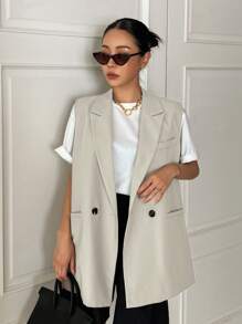 DAZY Áo vest không tay mùa hè cho nữ, áo khoác blazer công sở rộng rãi - Màu be - Xem 2