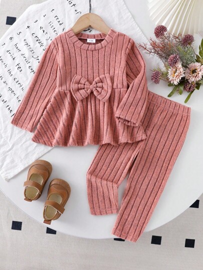 Genkimix Kids 2pcs Girls Toddler Kids Knitted Big Ribbed Long Sleeve Crop Top And Long Pants Set, Casual Daily Outfit For Autumn Fall Winter