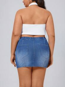SHEIN Essnce Plus Size Summer Casual Button-Front Denim Mini Skirt