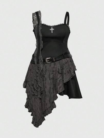 Fairycore Plus Size Women Gothic Cross Flower Metallic Print Asymmetrical Shoulder 2-In-1 Dress With Belt, Summer Casual Street Style