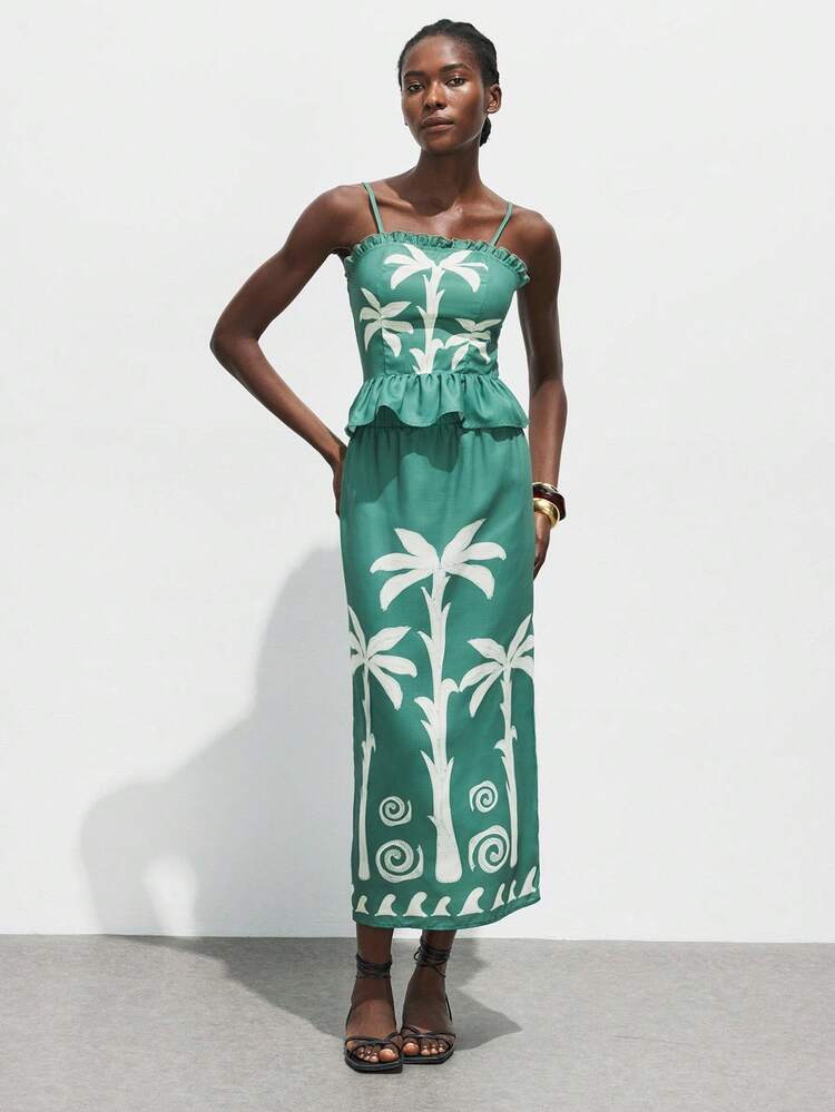 SHEIN Maija 2025 Autumn Green Women's Elastic Waist Floral Print Casual Vacation A-Line Skirt, Music Festival Bohemian Hawaiian Style Beach Dress