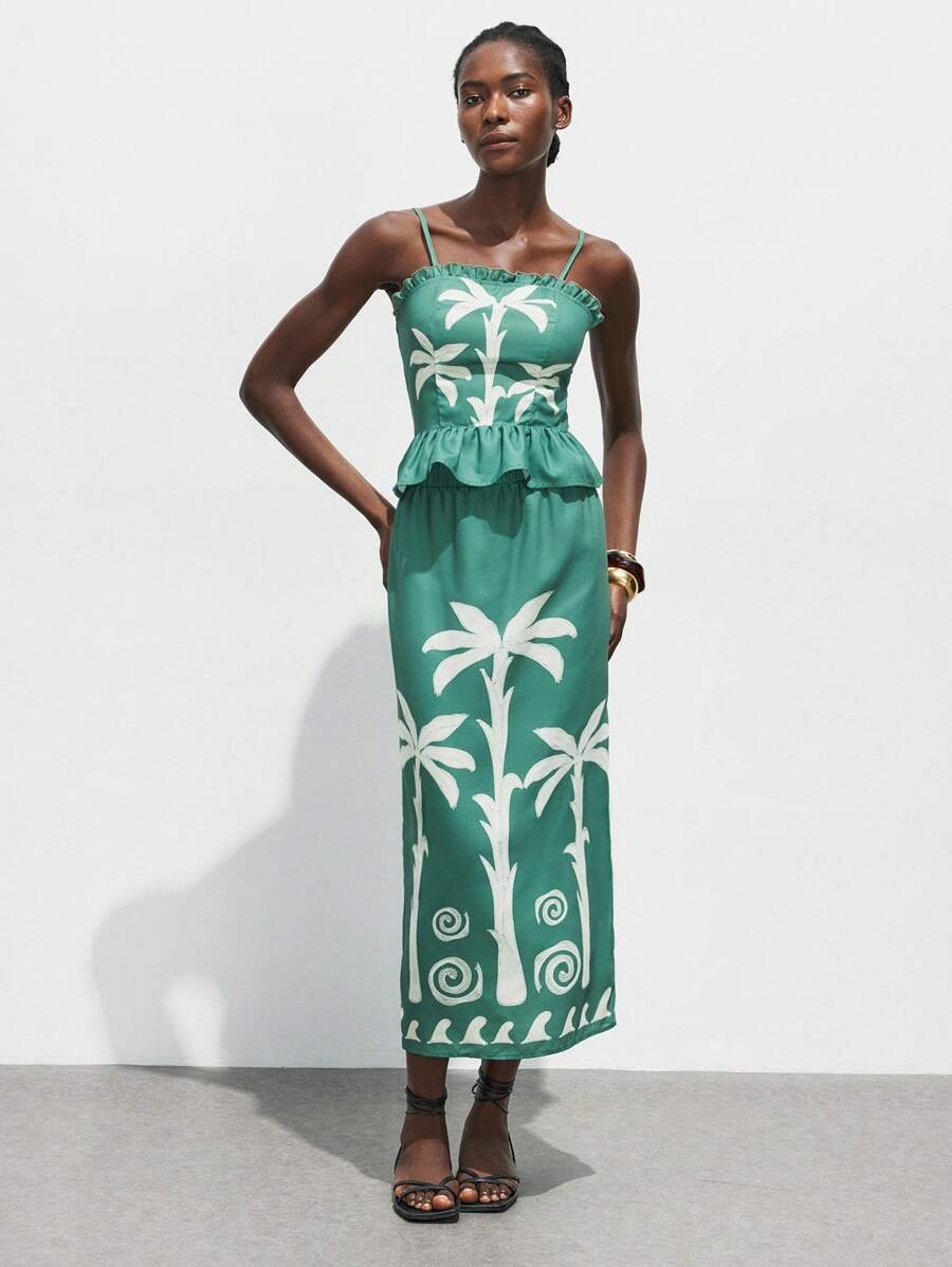 Maija 2025秋季绿色女款松紧腰花卉印花休闲度假A字裙，音乐节波西米亚夏威夷风格沙滩裙 - 綠色 - 查看 1