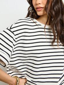 AiiRZ 舒适条纹休闲套装棉混纺睡衣短袖夏季睡衣宽松两件套睡衣家居服 - 彩色 - 查看 5