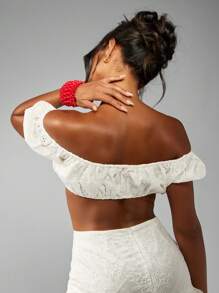 MISSGUIDED 露肩英式刺绣文胸夏季节日波西米亚风短款上衣海滩度假褶饰孔眼蕾丝休闲日 - 白色 - 查看 2