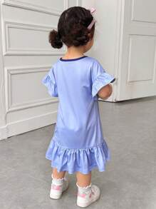 SHEIN Baby Girls' Loose Casual Simple Comfortable Round Neck Pullover Cartoon Pattern Ruffle Hem Dress - Blue - View 2