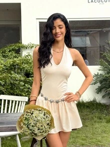Rafferiza New Sexy & Sweet V-Neck Backless Halter Dress - Yellow - View 4