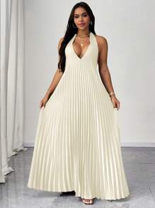 SHEIN Unity 大码浪漫、优雅、性感的夏日假日系带褶皱缎面连衣裙 - 杏色 - 查看 6