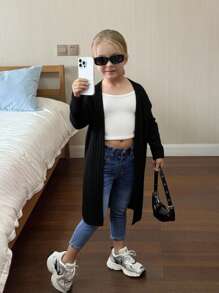 SHEIN Jaqueta Casual Confortável para Menina Jovem, Frontal Aberto, Manga Longa, Cor Sólida Sem Bolso, Outono(9), Inverno(2), Preto